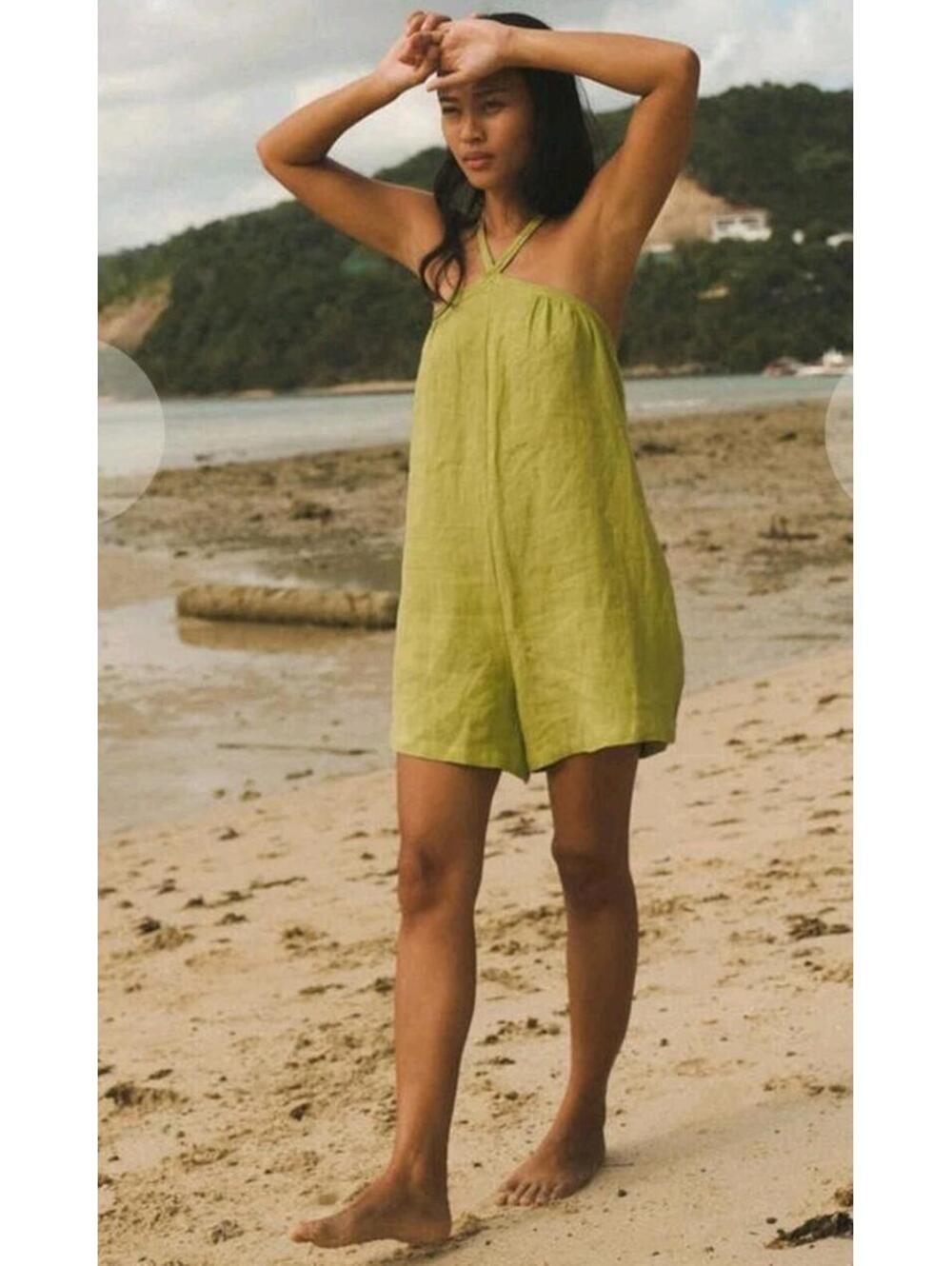 Back Beat Co. Linen Summer Romper S/XS Pistachio Green Halter Neck #F
